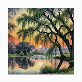 Willow Trees At Sunset Canvas Print