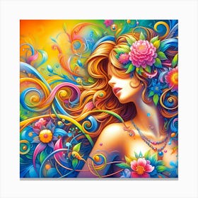 Colorful Girl With Flowers 1 Canvas Print