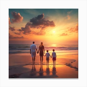 Family On The Beach At Sunset 1 Canvas Print