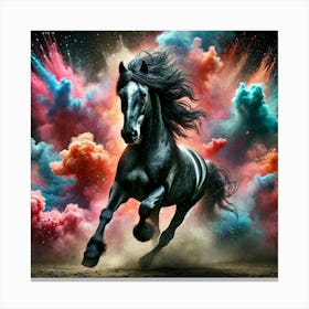 Black Horse Running Through Colorful Clouds Lienzo