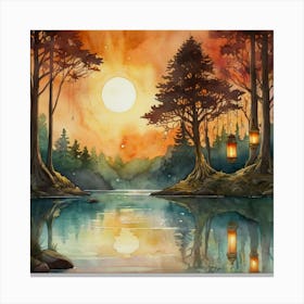 Watercolor Of Sunset In The Forest Canvas Print