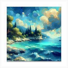 An Impressionist Seascape With A Color Palette Of Blues And Greens 3 Canvas Print