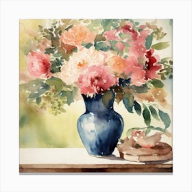 Watercolor Flowers In A Blue Vase Canvas Print