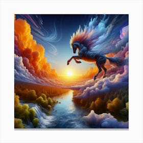 3 Dimensional Horse Jumping A Creek Sunset Clouds Swirling 4 Canvas Print