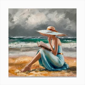 Woman Reading A Book On The Beach Canvas Print