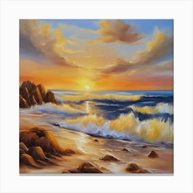 The sea. Beach waves. Beach sand and rocks. Sunset over the sea. Oil on canvas artwork.31 Canvas Print