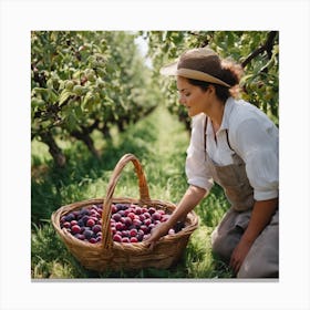 Woman Picking Plums In An Orchard 2 Canvas Print
