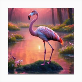 Pink Flamingo In Forest At Sunset Canvas Print