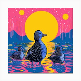 Pink Linocut Style Ducks In The Moonlight 1 Canvas Print
