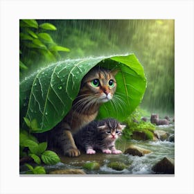 Cat And Kitten In The Rain 2 Canvas Print