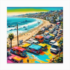 Cars Homes Beachgoers Along The Shoreline Canvas Print