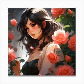 Japanese girl and roses 1 Canvas Print