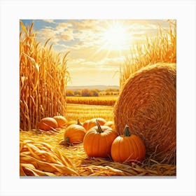 Autumn Harvest Scene Featuring Oversized Pumpkins Nestled Among Stalks Of Sunlit Corn Bales Of Hay (5) Canvas Print