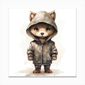 Watercolour Cartoon Wolf In A Hoodie 3 Canvas Print