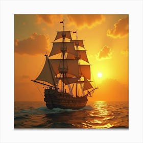 Beautifully Crafted Antique Ship Gliding Through A Golden Sunset 1 Canvas Print