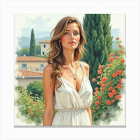 Beautiful Greek Woman In Watercolor, Surrounded By The Serenity Of A Mediterranean Garden 1 Canvas Print