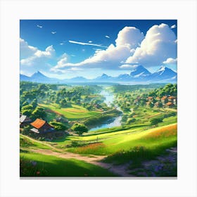 A Serene Village Landscape With Lush Green Fields And Colorful Houses Depicting The Picturesque Set(3) Canvas Print