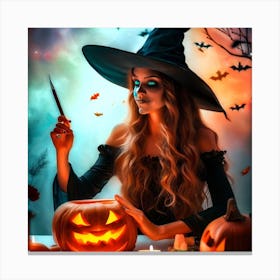 Halloween Witch With Pumpkin Canvas Print