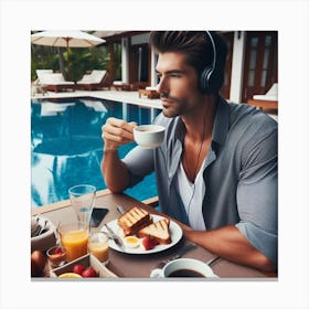 Young Man Listening To Music At The Pool Canvas Print