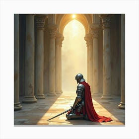 Paladin In Shining Armor Kneeling In A Cathedral With Light, Watercolor 1 1 Canvas Print