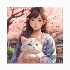 Japanese Girl With Cat Art Print Canvas Print