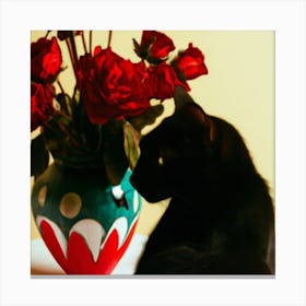 Black Cat With Red Roses Canvas Print