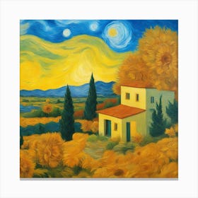 Sonnenuntergangshütte Unter Herbstbäumen steht ein Steinhäuschen, wobei die untergehende Sonne den Himmel erhellt Canvas Print