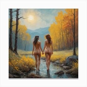 Two Nude Women In A Stream Canvas Print