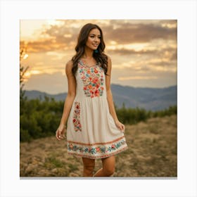 A Cute Woman Wearing An Embroidered Dress (2) Canvas Print