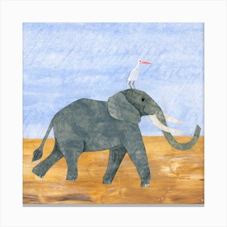 Elephant And White Heron Square Canvas Print