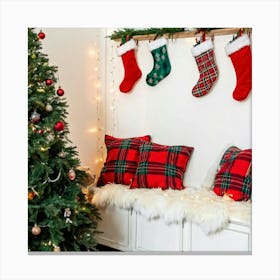 Festive Christmas Decorations Adorning A Charming Holiday Shelf Laden With An Assortment Of Seasona Canvas Print