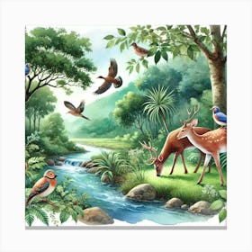 Wildlife Watercolor Scene Printed Art A Beautiful Watercolor Illustration Of Wildlife In Their Natural Habitat, Perfect For Bringing A Touch Of Nature’S Beauty To Any Space Printed Art Canvas Print