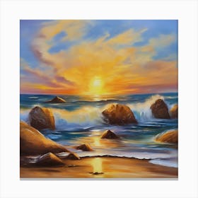 The sea. Beach waves. Beach sand and rocks. Sunset over the sea. Oil on canvas artwork.20 Canvas Print