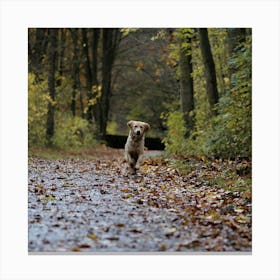 Dog Running In The Autumn Forest Canvas Print