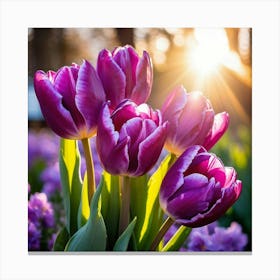 Bouquet Of Vibrant Purple Tulips Rising Toward A Majestic Sun In A Lush Spring Park Three Graceful Canvas Print