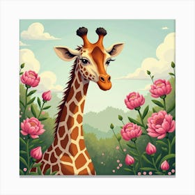 Giraffe Near Pink Peonies 1 Canvas Print