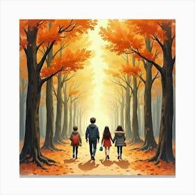 Watercolor Of Ents Walking Through An Autumn Colored Forest Canvas Print