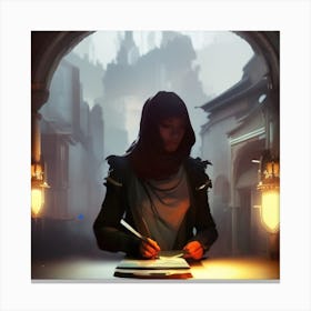 Woman Writing In A Dark Room Canvas Print