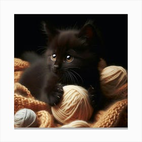Black Kitten With Balls Of Yarn Canvas Print