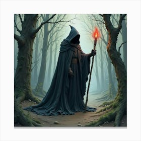 Black Magic Warlock In Twisted Forest, Watercolor, Eerie 1 Canvas Print