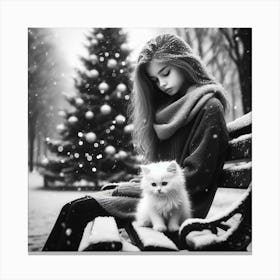 Girl With Cat In The Snow Canvas Print