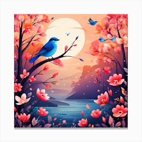 A Bright-Toned Design With Flowers And Leaves Trees And Birds A Beautiful And Simple Picture Blue Bird In The Forest Canvas Print