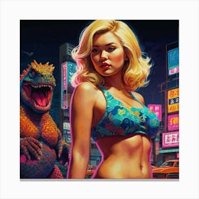 Retro Pop Godzilla with Asian Blonde Canvas Print