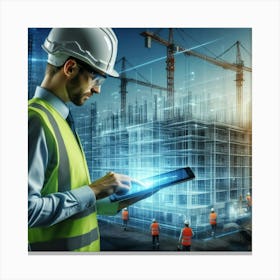 Construction Worker Using Tablet Canvas Print