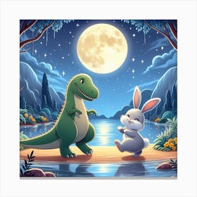 Dinosaur And Rabbit At Night Canvas Print