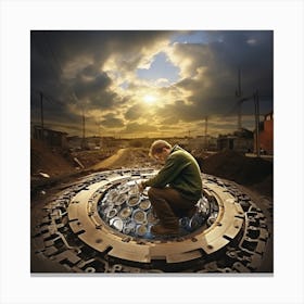 Man Kneeling In Front Of A Machine Canvas Print