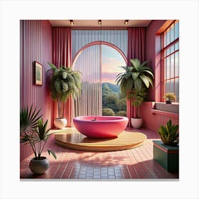 Pink Retro Bathroom Interior Design With Lush Plants Canvas Print