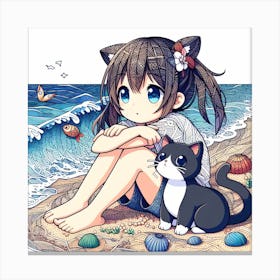 Cute Anime Girl And Cat Canvas Print