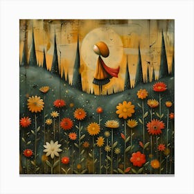 Little Girl In A Flower Field, Naïf, Whimsical, Folk, Minimalistic Canvas Print