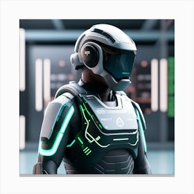 The Image Depicts A Stronger Futuristic Suit For Military With A Digital Music Streaming Display 2 Canvas Print